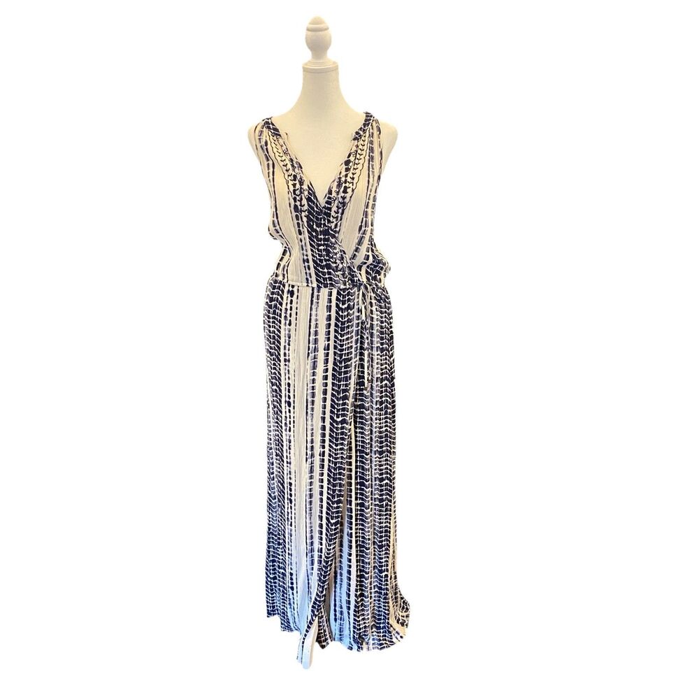 Knox Rose Navy & White Tie Die Maxi Dress Embroidered Beachy Faux Wrap Size XL